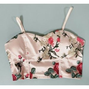 Pastel Pink Rose Floral Embroidered Bustier Tank Crop Top Shirt Blouse Size M 🌹